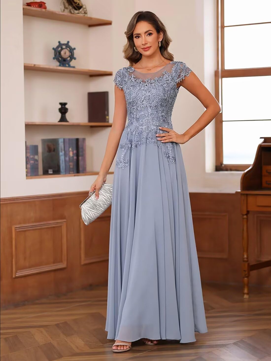 Women's Chiffon Mother of Bride Dress Lace Applique Short Sleeve Prom Dress A Line Long Formal Wedding Guest Dress