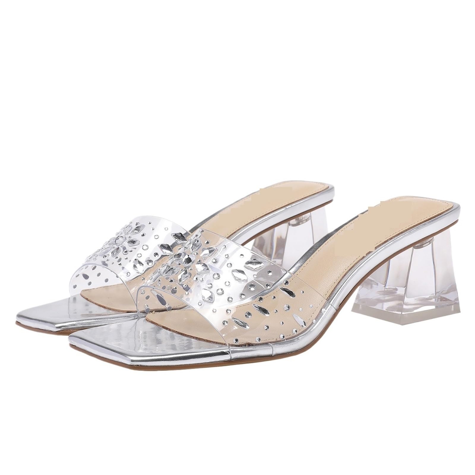 Sandali da donna con strass trasparenti, sottili, tinta unita, punta quadrata, pantofole tacco alto for le donne Per la Festa Serale di Nozze