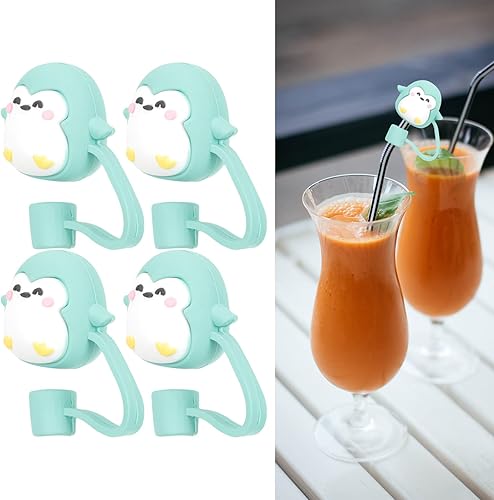 Miniatura 6 de PartyKindom 4 fundas de paja de pingüinos con diseño de dibujos animados, reutilizables, de silicona, para decoración de fiestas