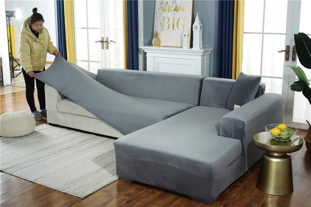 LINGKY Sofabezug Ecksofa L Form Stretch Samt Sofa Überzug Universal Couchbezug Für 1/2/3/4 Sitzer Waschbar Sofa Überwürfe (L Form Ecksofa Erfordert Zwei) - Sofabezug 3 Sitzer, Hellgrau