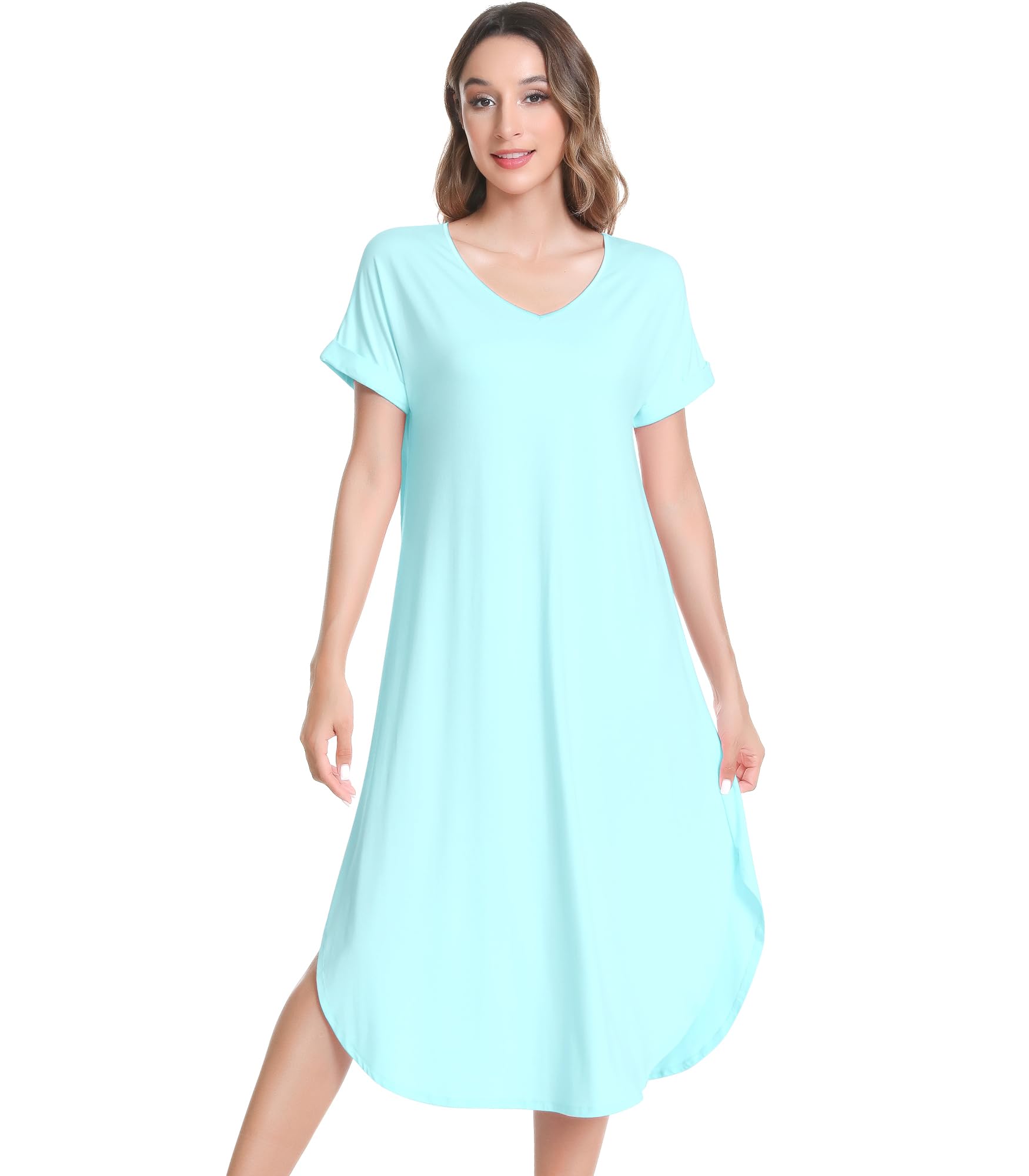 NACHILA Bamboo Viscose Nightgowns for Women Short Sleeve Sleep Shirts | Pleated Night Gown Ladies Sleep Dress Night Dress Sleepwear Soft Pajama Dress Casual Loungewear