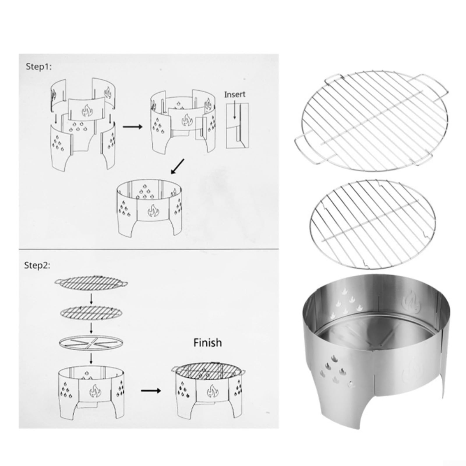 Griglia portatile in acciaio inox, per barbecue da 40 cm, leggera, con borsa per il trasporto, braciere multifunzione a legna e carbone per campeggio all'aperto e feste in giardino, argento