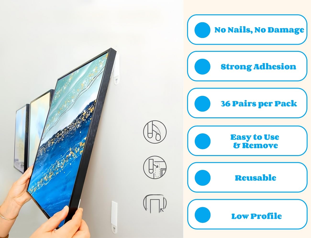 Picture Hangers 16-Pairs Large Picture Hanging Strips Heavy Duty, Removable Hook And Velcro Strips