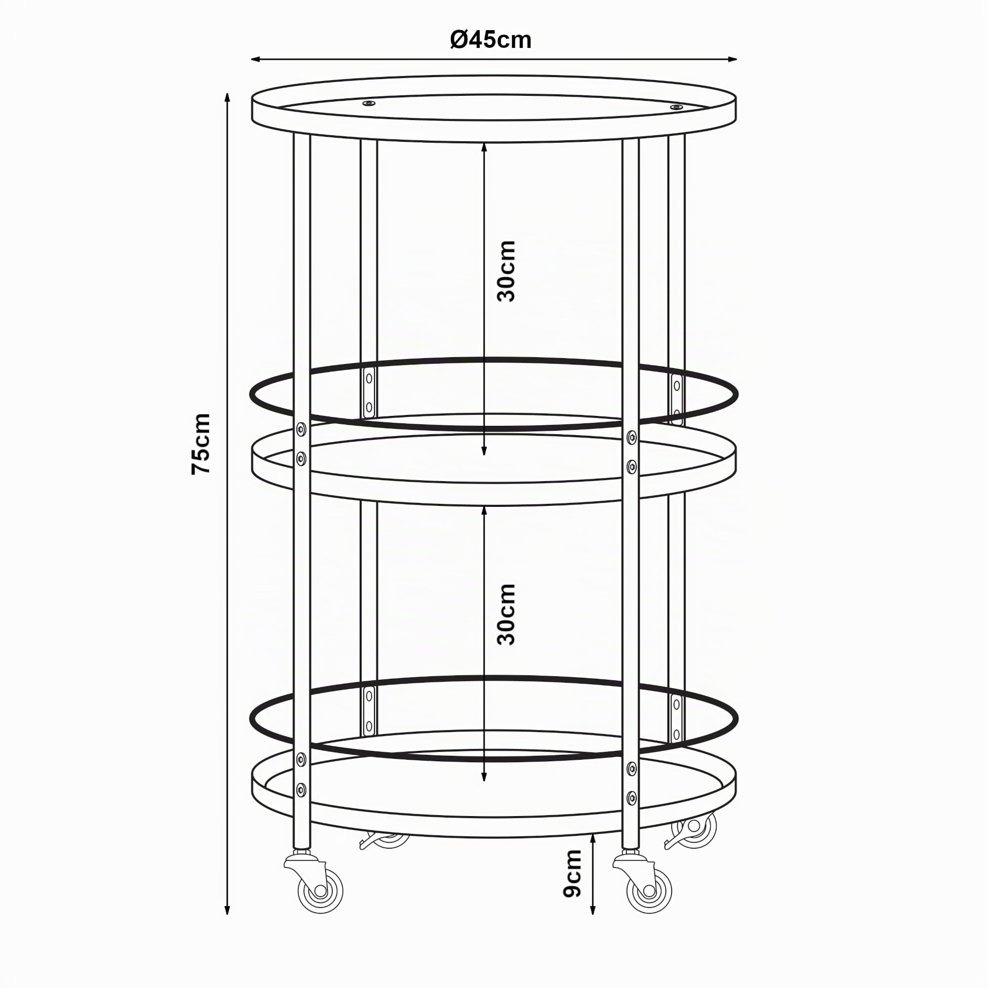 [en.casa] Carrello di Servizio Portavivande a Rotelle con 3 Ripiani Rotondi Carrellino Portatutto da Cucina Ufficio 75 x 45 cm Metallo Nero