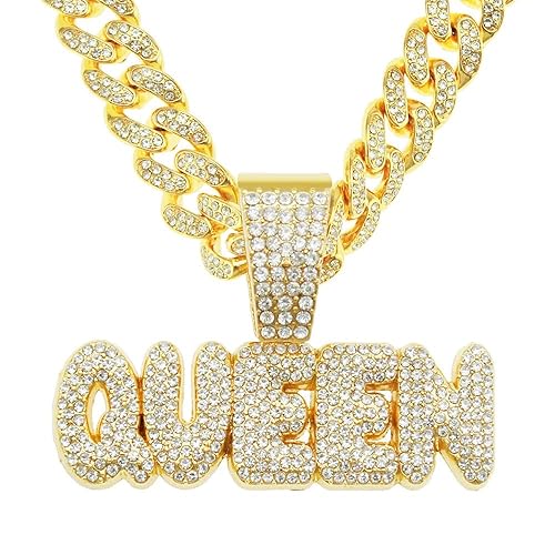 Miniatura 1 de 1 piece goldsilver Plated chain with Cuban Chain Pendant Necklace, full diamond Hip hop alphabet necklace (Gold Cuban Chain +QUEEN)