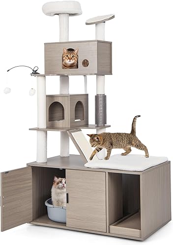 Tangkula Árbol para gatos con caja de arena, torre para gatos con caja de arena, 2 condominios, postes rascadores, alfombrillas rascadoras de sisal,