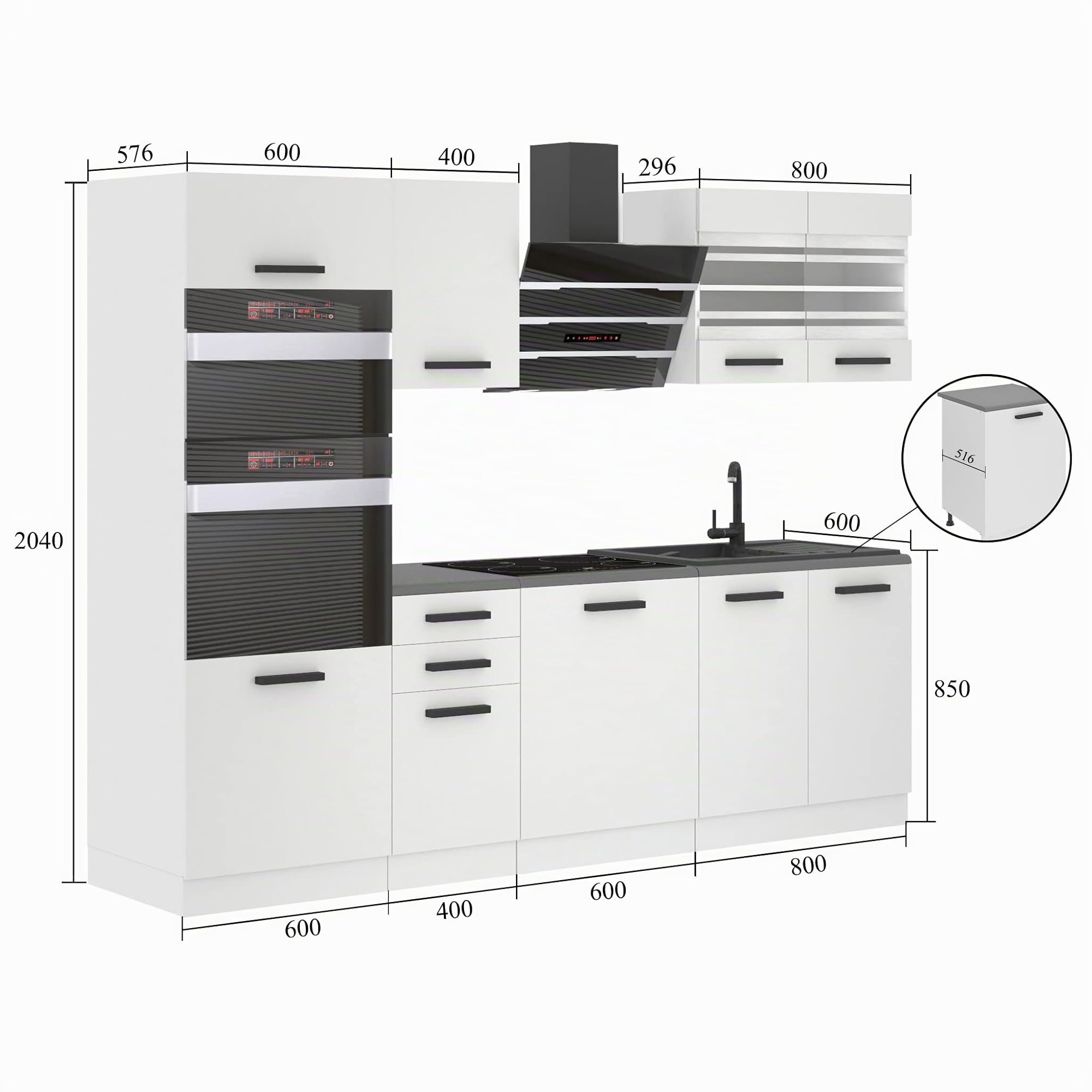Belini cucina 240 cm Tracy, con piano di lavoro, legno, rovere Glamour | Blocco cucina mobili da cucina cucina componibile completo senza elettrodomestici con pensili e mobili bassi
