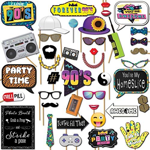 90s Photo Booth Props - 41-pc 90 s Selfie Prop Kit with 8 x 10-Inch Sign, 60 Glue Dots, 45 Sticks - 90 s Party Decorations - 90s Birthday Party Decorations