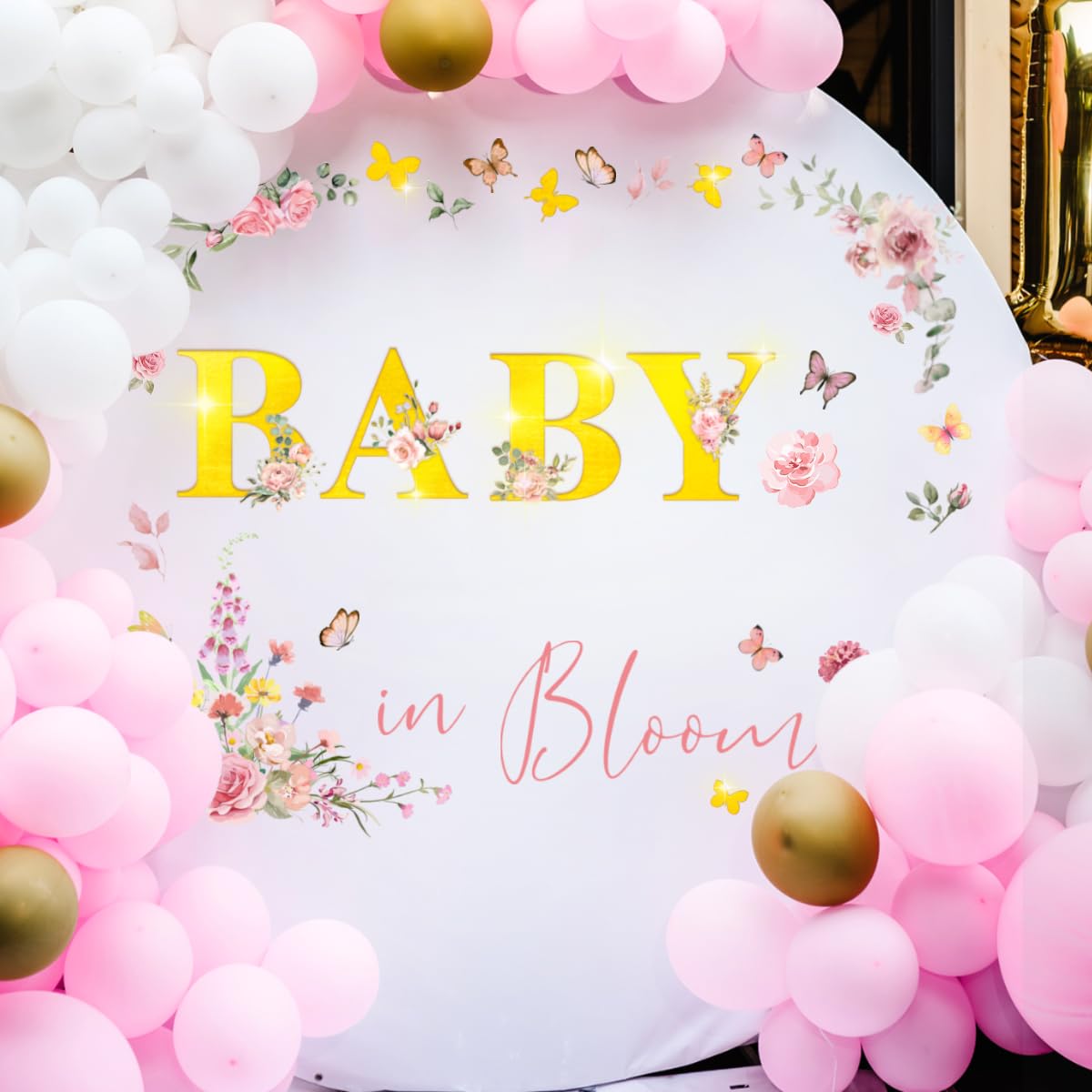 Runtoo Baby Shower Party Decal Sign Baby in Bloom Gold Gender Reveal Wildflower Butterfly Girls Decoration Sticker Backdrop Large Balloon Arch Wall Decor - Image 3