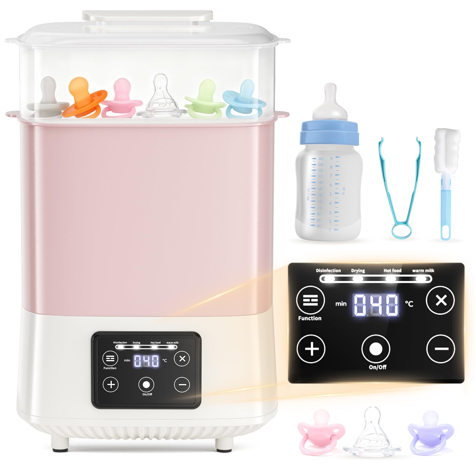 4-in-1 Baby Bottle Steriliser and Dryer Holds 8 Bottles and Pacifiers, Electric Steam Steriliser for Baby Bottles, Breast Pump Parts, Milk & Food Warmer (Pink & White)