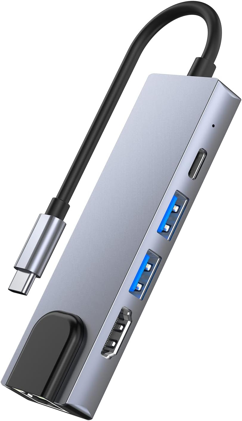 – 5-in-1 USB C Hub Multi-function Type C Docking Station with 4K@30Hz H*M*USB3.0USB3.0RJ4587W Power Delivery Ports for Laptops Tablets Smartphones with Type C Port
