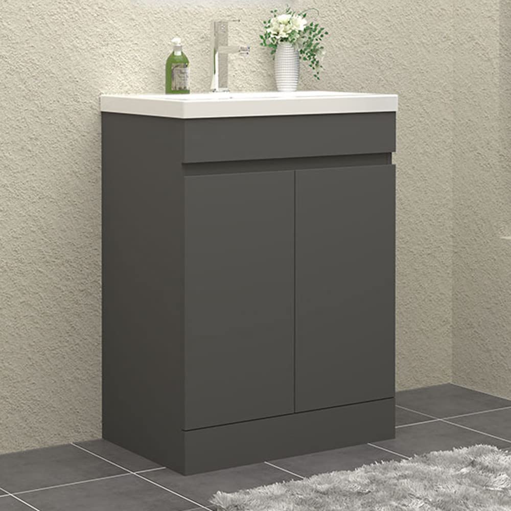 Waschtisch mit Unterschrank 60 cm Breit Stehend Grau Badmöbel Set 2 Soft-Close Türe MDF-Platte