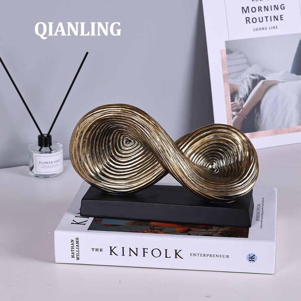 QIANLING Escultura de arte abstracto, escultura de símbolo de bucle infinito, estatua decorativa abstracta, nudo dorado para decoración del hogar, decoraciones modernas para mesa de café, entrada
