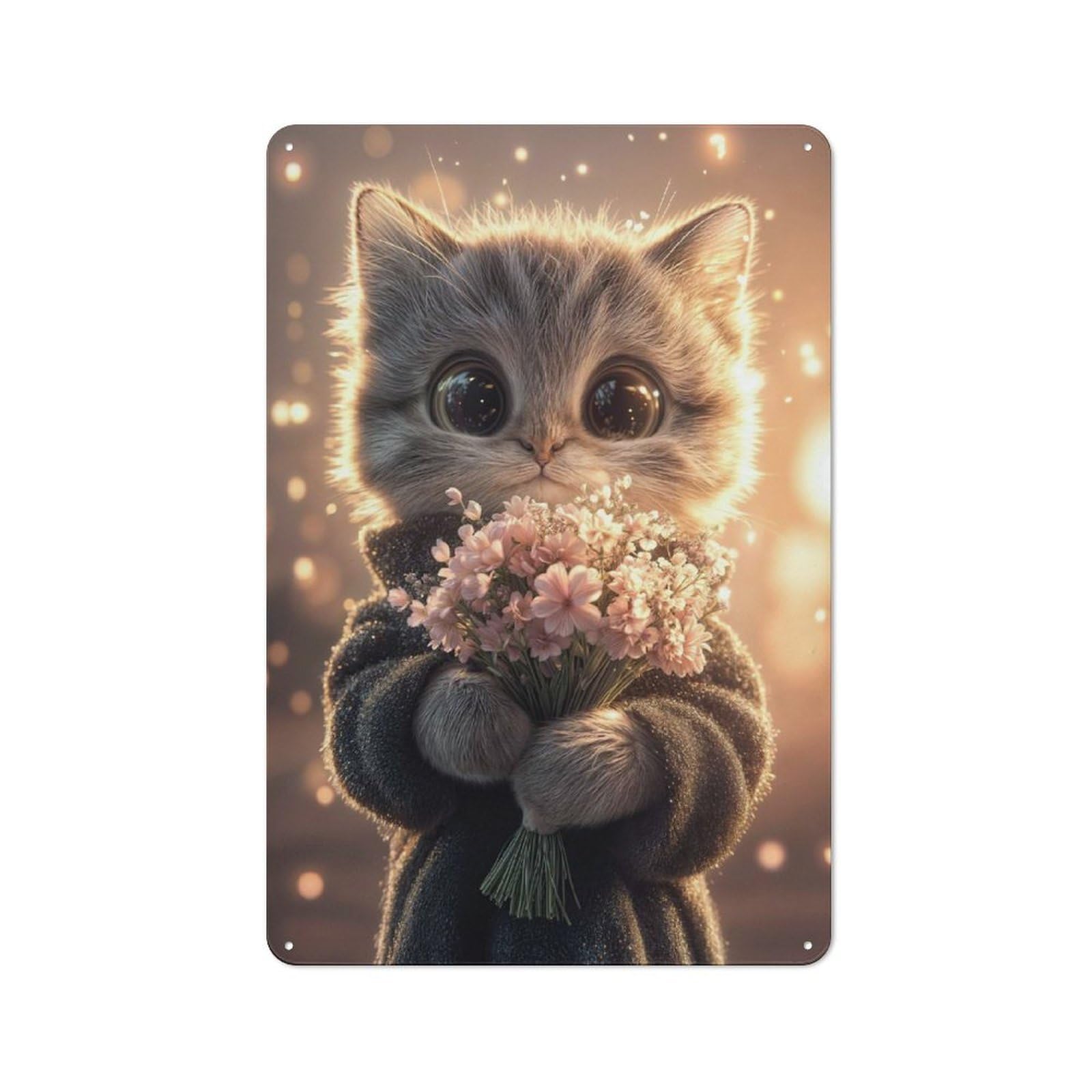 Junmoney Style-5 Vintage Tin Sign With Cute Kitten With Flowers Design 30X20cm, Nostalgic Nostalgic Wall Art For Living Room, Hallway, Kitchen Or Cafe