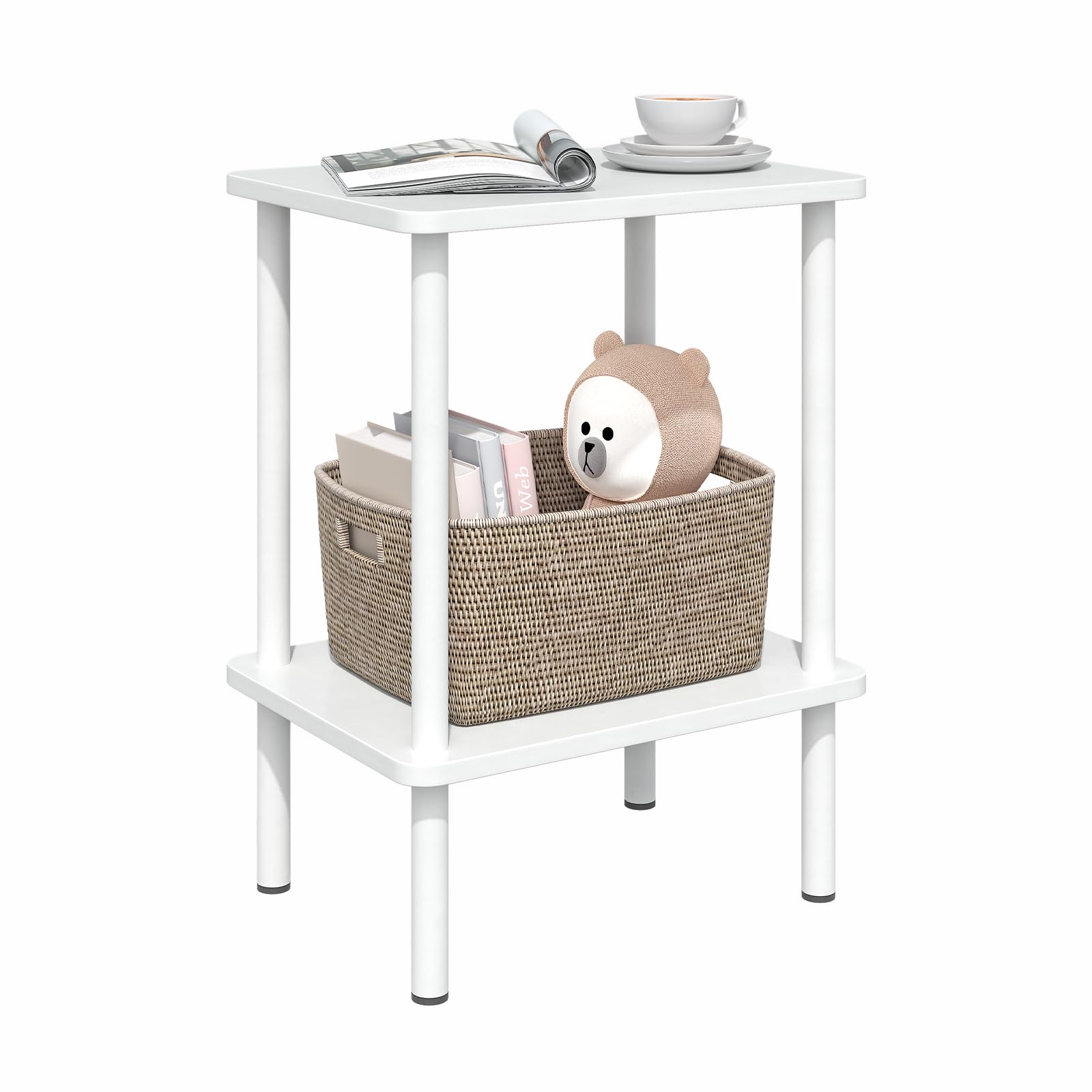 APICIZON 2 Tier Mesita Auxiliar, Mesa Auxiliar Salon, Mesita de Noche Estrecha con Espacio de Almacenamiento, 40x30x52cm, Mesita Auxiliar Pequeña para Dormitorio, Balcón, Sala de Estar, Weiss