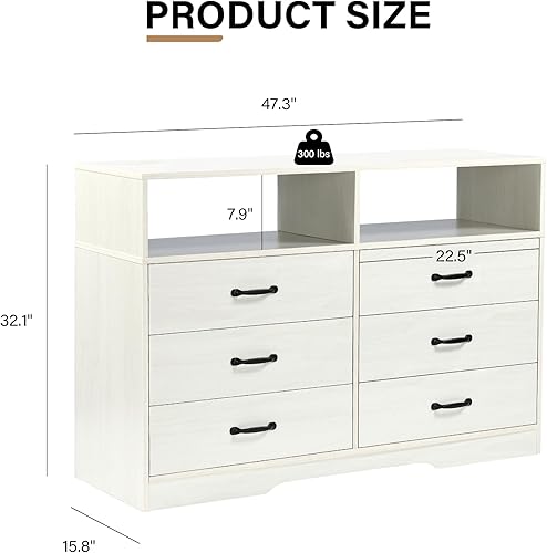 Miniatura 2 de Cómoda blanca para dormitorio, cómodas modernas y cómodas, cómoda blanca de 6 cajones con estantes, cómoda de madera blanca para dormitorio de