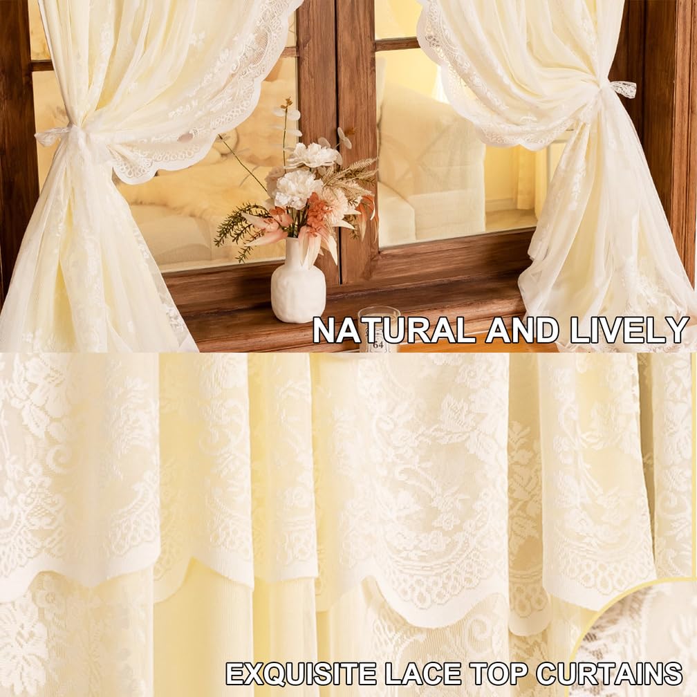 Voilages À Double Couche Beige avec Dessus en Dentelle,Léger Panneaux De Rideaux La Lumière pour La Intimité Lavés pour Chambre Salon Café Ferme,Paste,79" W x 106" L