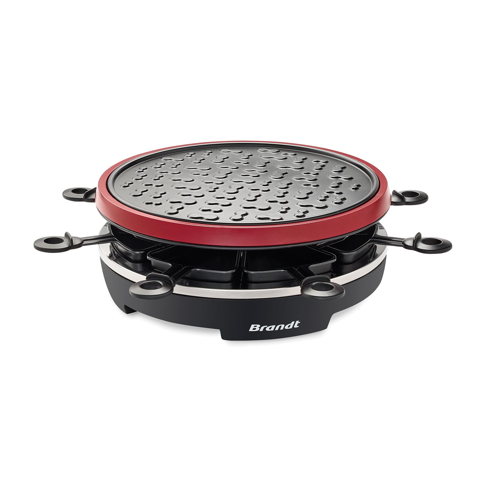 Brandt RAC800MG2 - Appareil à Raclette 8 Personnes - Gril en Fonte d'Aluminium Anti-Adhésif - Éléments Amovibles et Compatibles au Lave-Vaisselle - 900W - Noir et Rouge