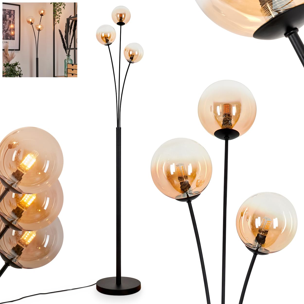 Stehleuchte Bernhardo, Stehlampe aus Metall/Glas in Schwarz/Bernsteinfarben/Klar, Leuchte im Retro/Vintage-Design mit Schirmen aus Glas (Ø 12 cm), dimmbar über Fußschalter, 3 x G9, ohne Leuchtmittel