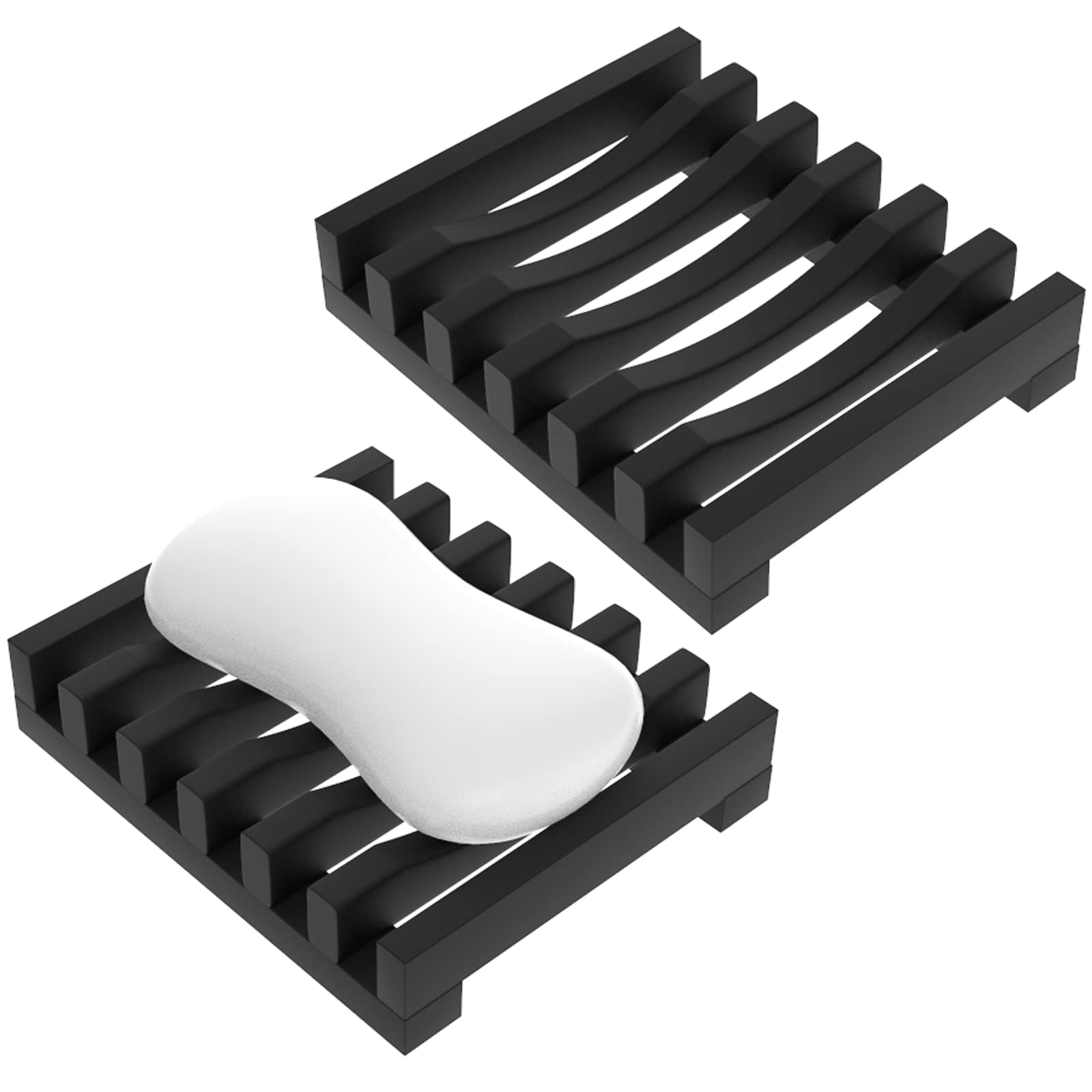 ALIMOTASoap Tray Soap Case Holder, 2 Pcs Soap Dish with Drain Spout, Silicone Rubber Drainer Dishes for Keeping Soap Dry & Easy to Clean(Black)