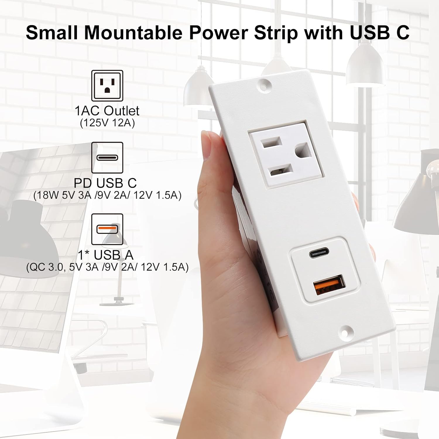 Recessed Power Strip USB C 20W PD Fast Charge Desk Power Outlet Type C 1 Outlet 2 Quick Charge USB Flush Mounted Long Extension Cord for Nightsand Couch Dorm (White)