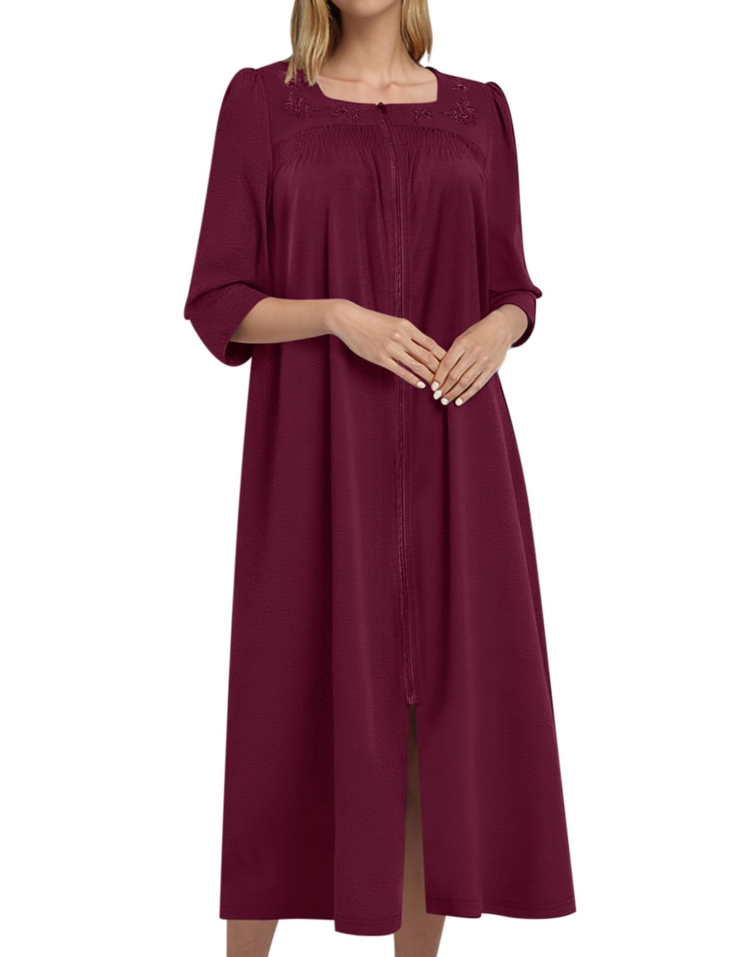 Bloggerlove Womens Zipper Robe 3 4 Sleeves Full Length House Dress Square Neck Housecoat Soft Cotton Nightgown with