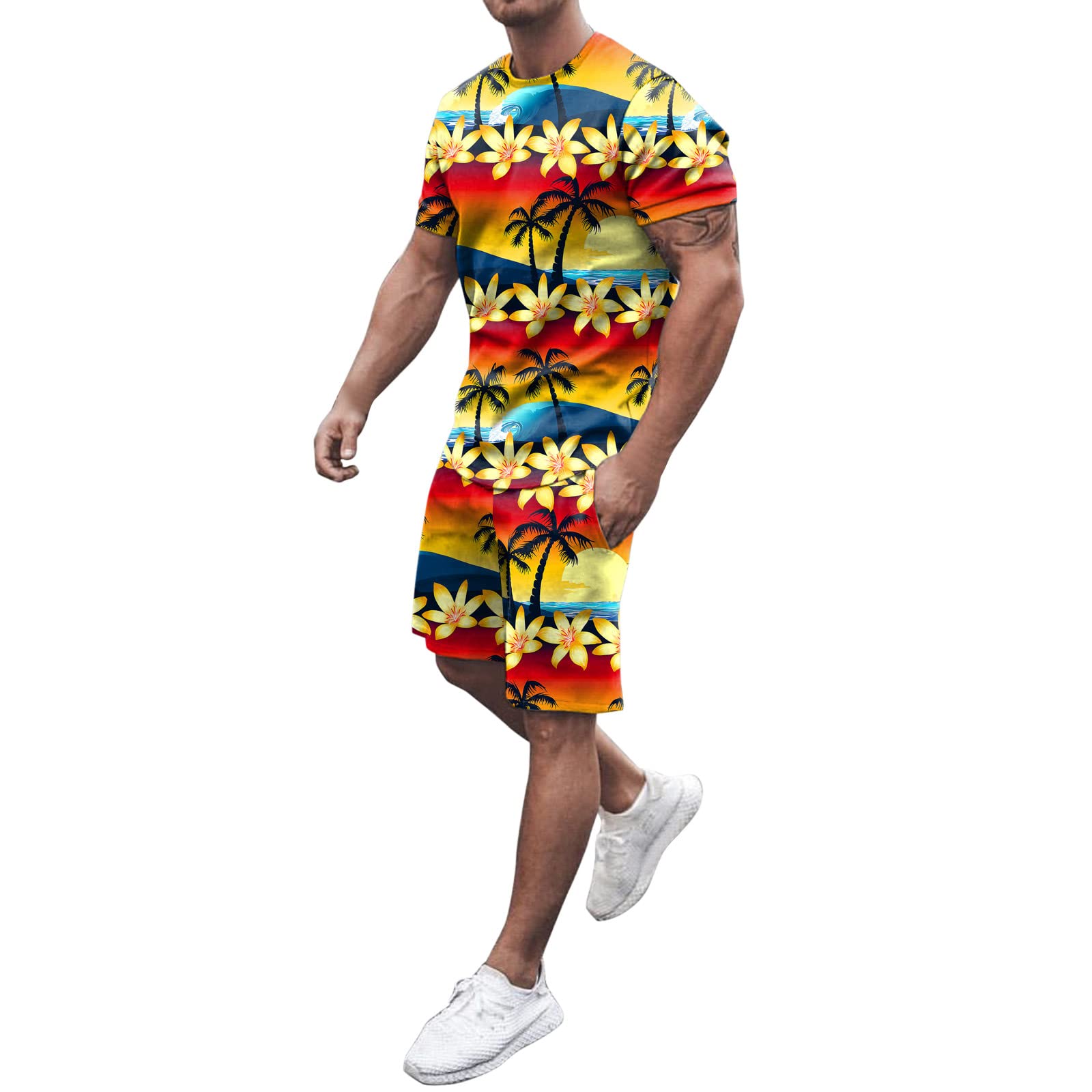 Men's 2 Piece Tracksuit Hawaiian,Men Summer Outfit Beach Short Sleeve Printed Shirt Short Suit Shirt Pants Suit with Pockets,Linen Outfit Stylish Casual Summer Tank Tops Shorts Sets
