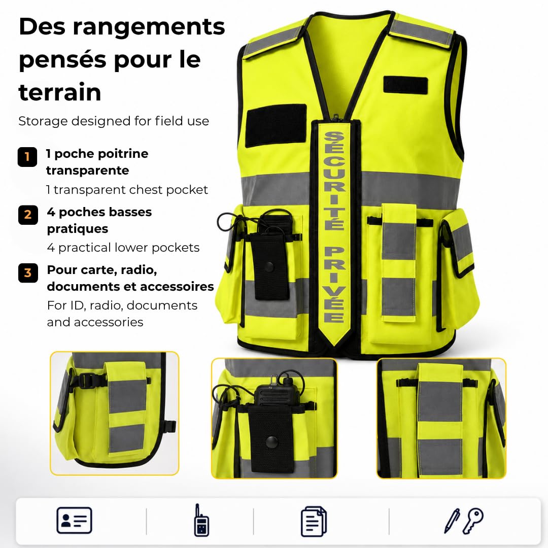 Gilet Haute Visibilité SÉCURITÉ PRIVÉE Jaune, Multi‑Poches