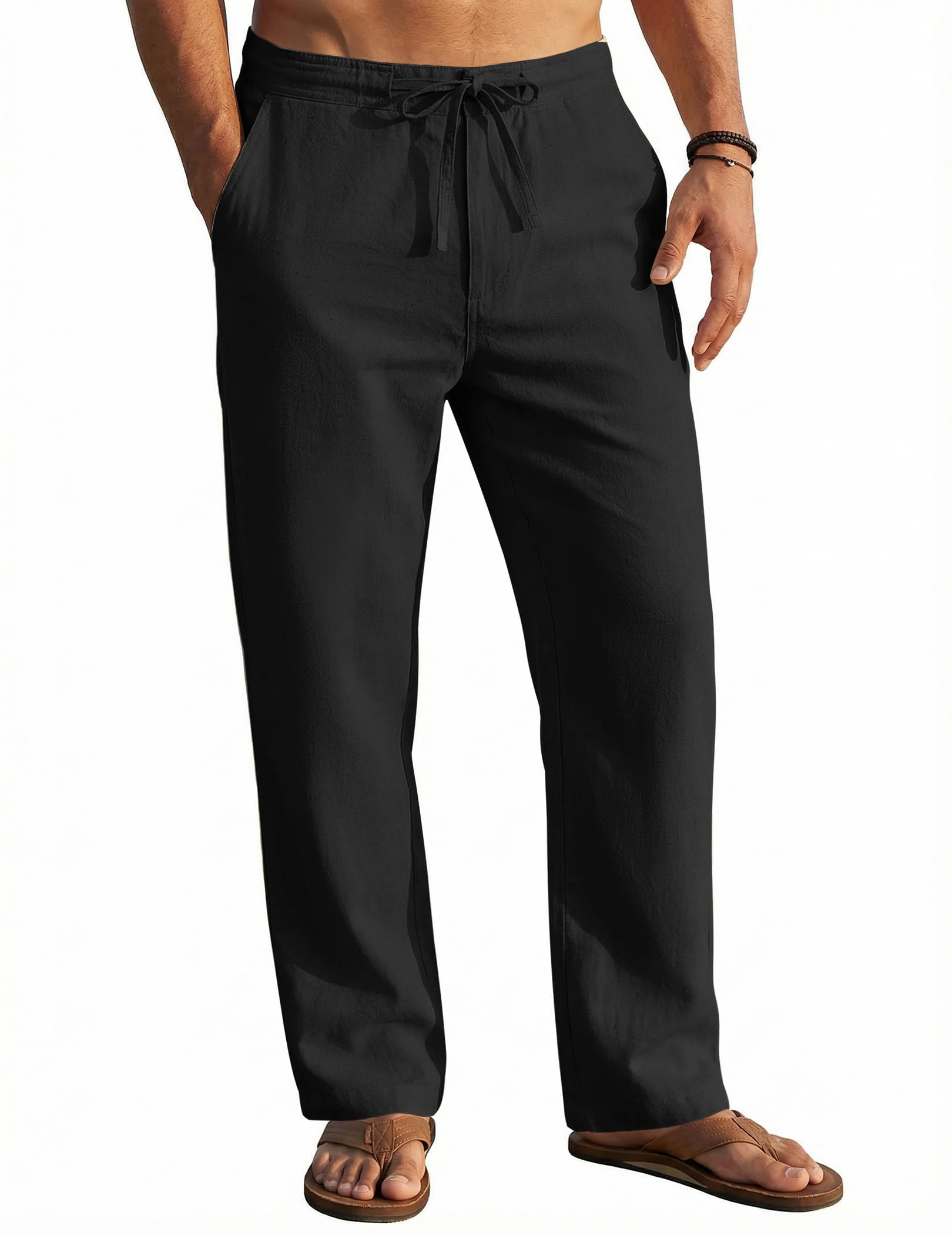 Men's Casual Linen Pants Elastic Waist Drawstring Yoga Beach Pants Lightweight Loose Fit Trousers with Pockets