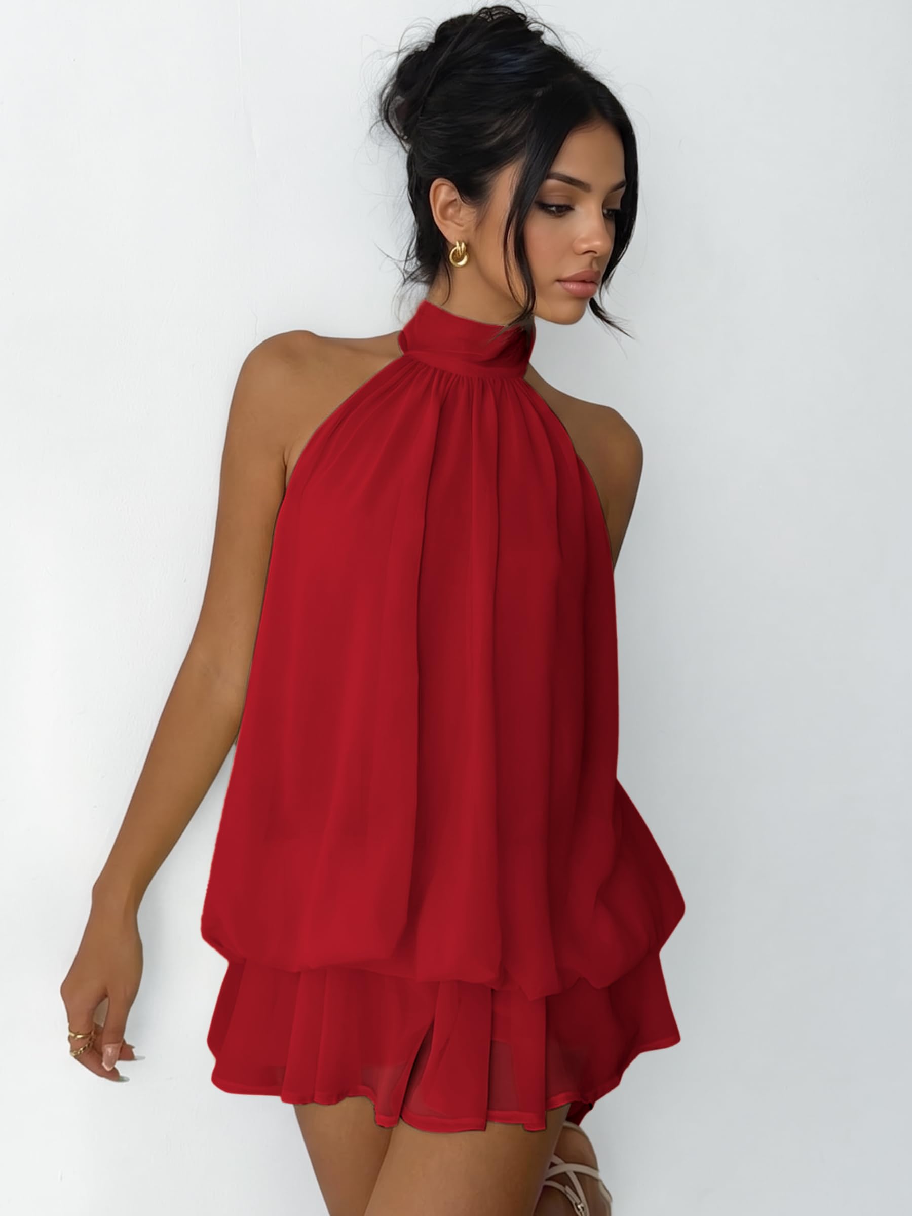 Vestido Mujer Sexy Sin Mangas Mini Vestidos Halter Elegantes Verano Vestido Espalda Descubierta con Volantes Ligero Fluido Vestidos Holgado de Gasa Casual Dress para Fiesta Playa Cocktail