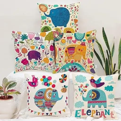 3D Printed Pillow Covers Pillow Case Cushion Decorative Super Soft Pack of 5 for Sofa Couch Bed Beautiful Microfiber Pillow Case Cushion 16 x 16 cm (Elephant)