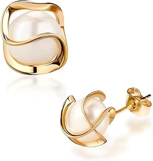 18K Gold Plated Twisted Caged Pearl Hypoallergenic Stud Earrings for Women, Gift Set with Box