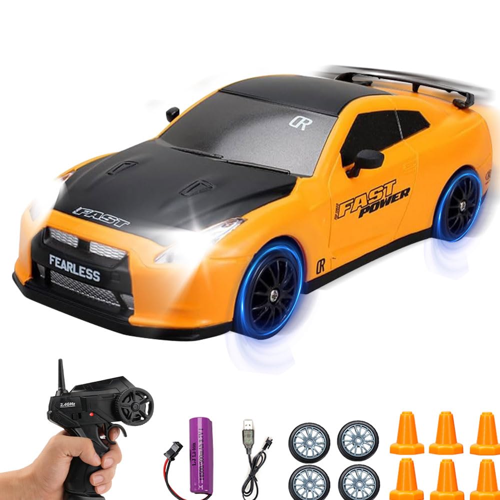 Vmxlso RC Drift Car, 1:24 Remote Control Car, 2.4GHz 10 km/h, 4WD Mini Drift car, with Racing Tires and LED, for drift and Race, Gifts Toy for Boys Girls Adults, Orange