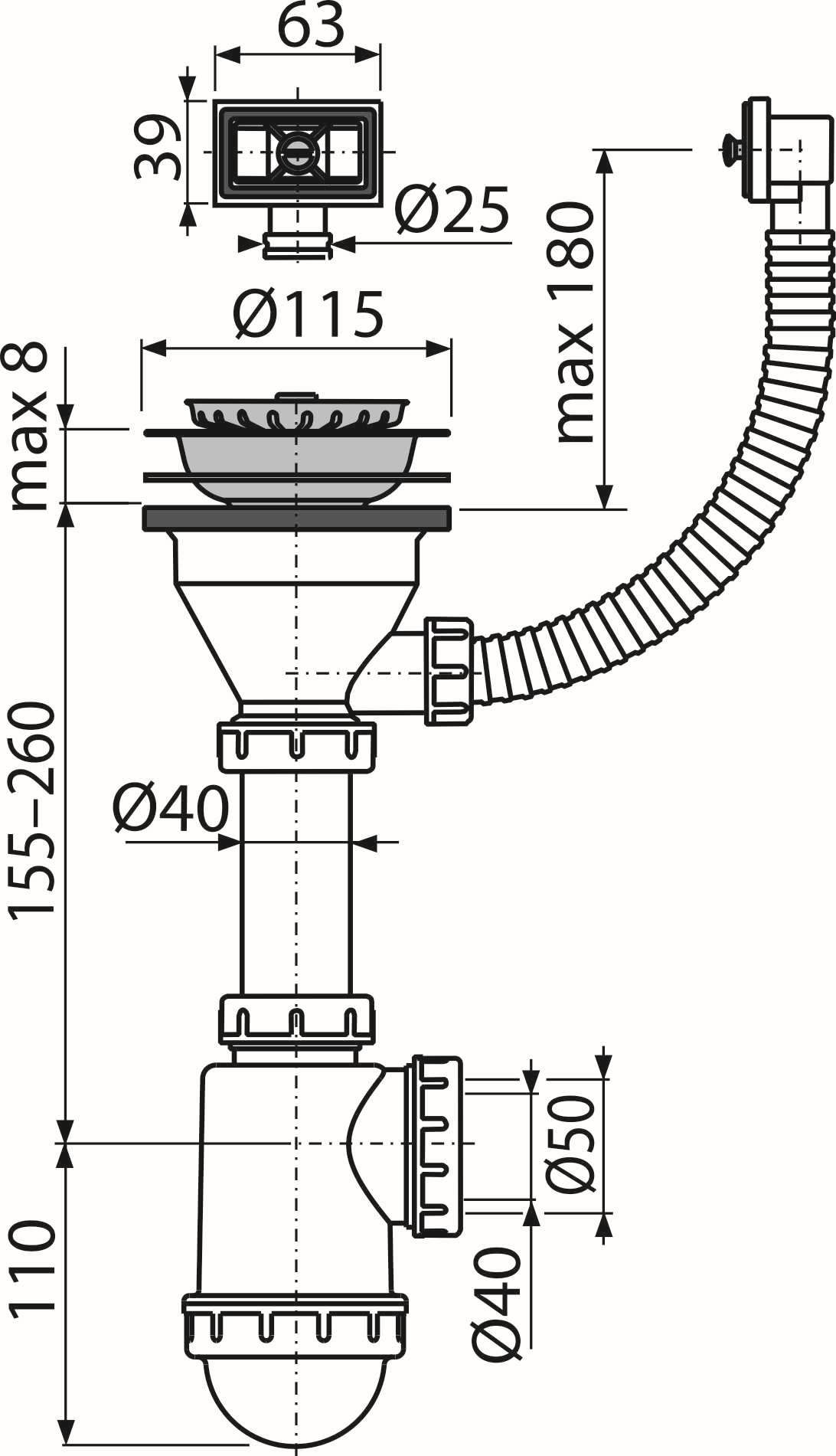 Badwelten24 – Sifón con rejilla sin rebosadero (DN 115 universal conector DN40/50 desagüe (fregadero fregadero