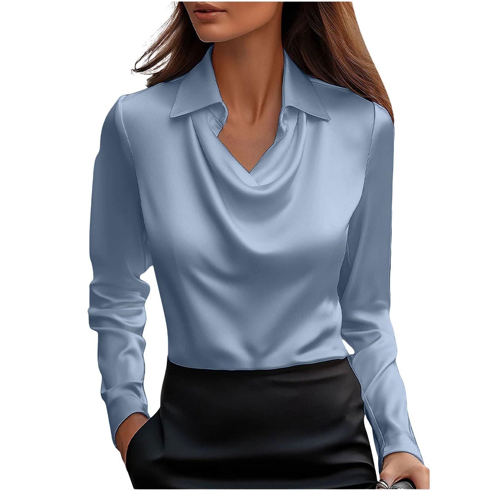 Satin Silk Draped Shirts for Women Elegant Draped Neckline Long Sleeve Blouse Dressy Fashion Fall Office Work Outfits