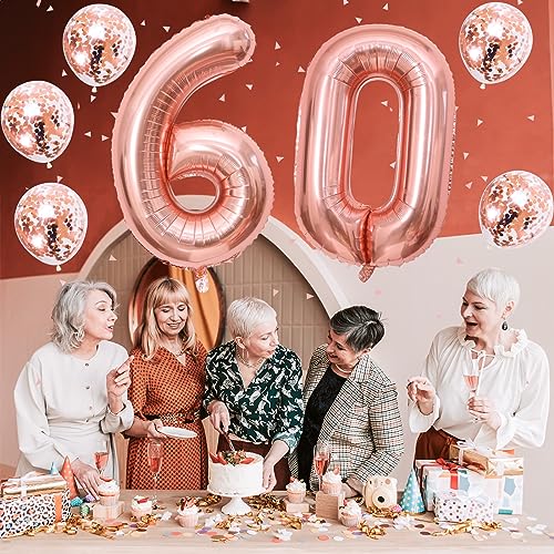 Image of 60th Birthday Number Balloons for Women, Giant 60 Number Balloons Foil with Rose Gold Confetti Balloons, 40 Inch Self Inflating Balloons for Girls 6th Birthday Party Anniversary Decor Supplies