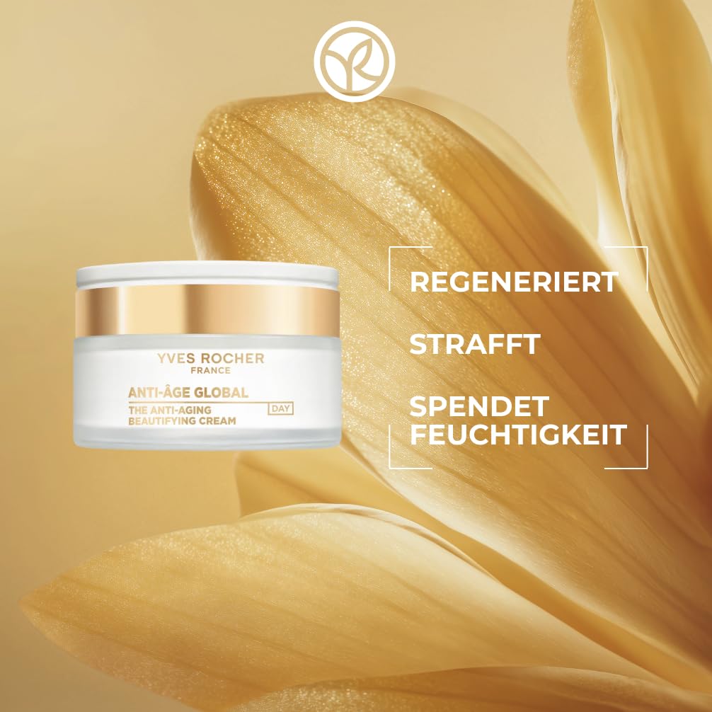 Yves Rocher Anti-Age Global Set – Tagescreme 50ml + Nachtcreme 50ml + Supra Essence Serum 30ml – Mit Gold-Achillea – Anti-Aging Gesichtspflege – Strafft, regeneriert und hydratisiert