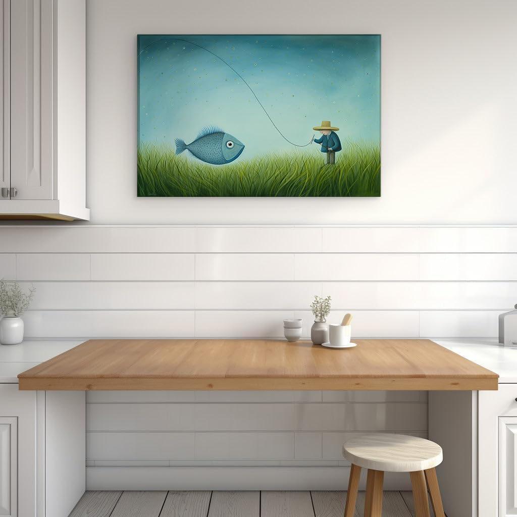 Canvas for Living room. Starry Night Serenade: When the Blue Fish Dances on a Hook, 27 x 18 inch Canvas Wall Art - Contemporary Masterpieces - Modern Home Decor
