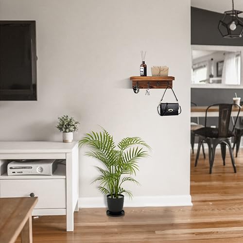 Miniatura 4 de HRONRAD Soporte rústico para llaves de pared, estante de pared de granja con 4 ganchos, soportes para llaves montado en la pared, organizador de