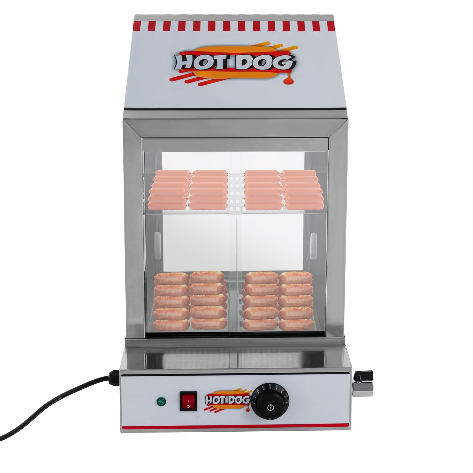 Hot Dog Maker, 40 L 1200 W eléctrico Hot Dog Steamer Acero Inoxidable Salchichas Calentador de Salchichas con Ventana de Cristal, Calentador de 86-230 ℉ para puestos de comida, cantinas, restaurantes