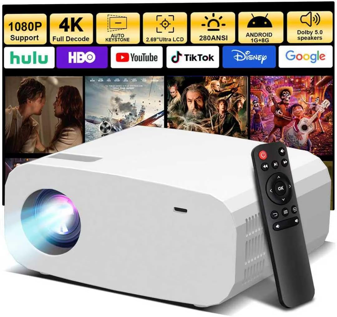 P7 Pro Projector,Smart Projector with WiFi and Bluetooth, Built-in Apps, Auto Focus & Keystone,Native 1080P Support, Portable Outdoor Mini Projector,White