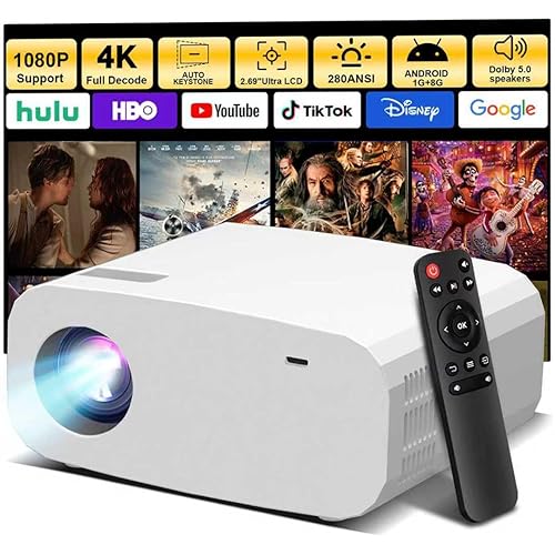 P7 Pro Projector,Smart Projector with WiFi and Bluetooth, Built-in Apps, Auto Focus & Keystone,Native 1080P Support, Portable Outdoor Mini Projector,White