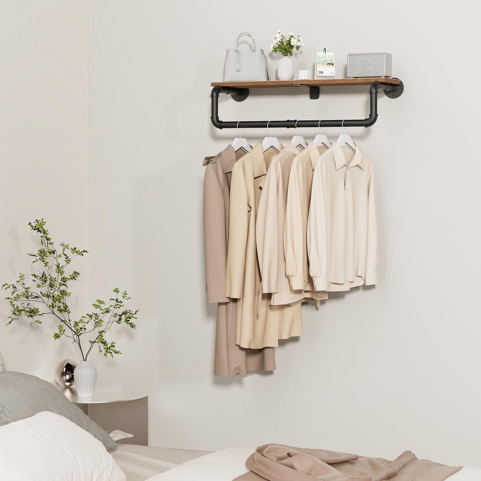 Perchero industrial de tubería con estante superior, postes de armario para colgar ropa, percheros de hierro resistente para montaje en pared, 27.6 x 10.2 x 5.9 pulgadas, negro 4