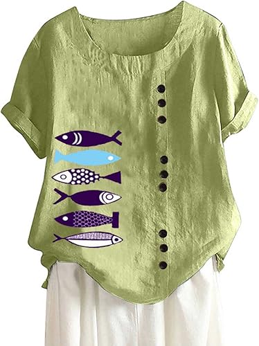 Miniatura 3 de Women Scoop Neck Summer Tops Button Jacquard Cotton Linen Causal Short Sleeve Blouse Solid Plus Size Loose Dressy Shirt