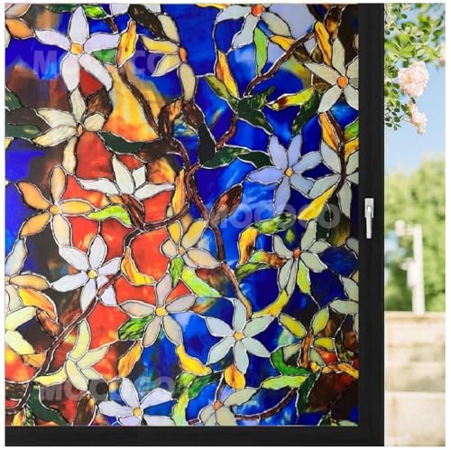 Image of MOCOCO Premium Vinyl Privacy Stained Window Glass Sticker (16x84 Inch) - Self-Adhesive Decorative Film Opaque Sheet Tint Wallpaper for Glass Cover Window, Door, Office, Home.| Anti-UV. Blue Patti