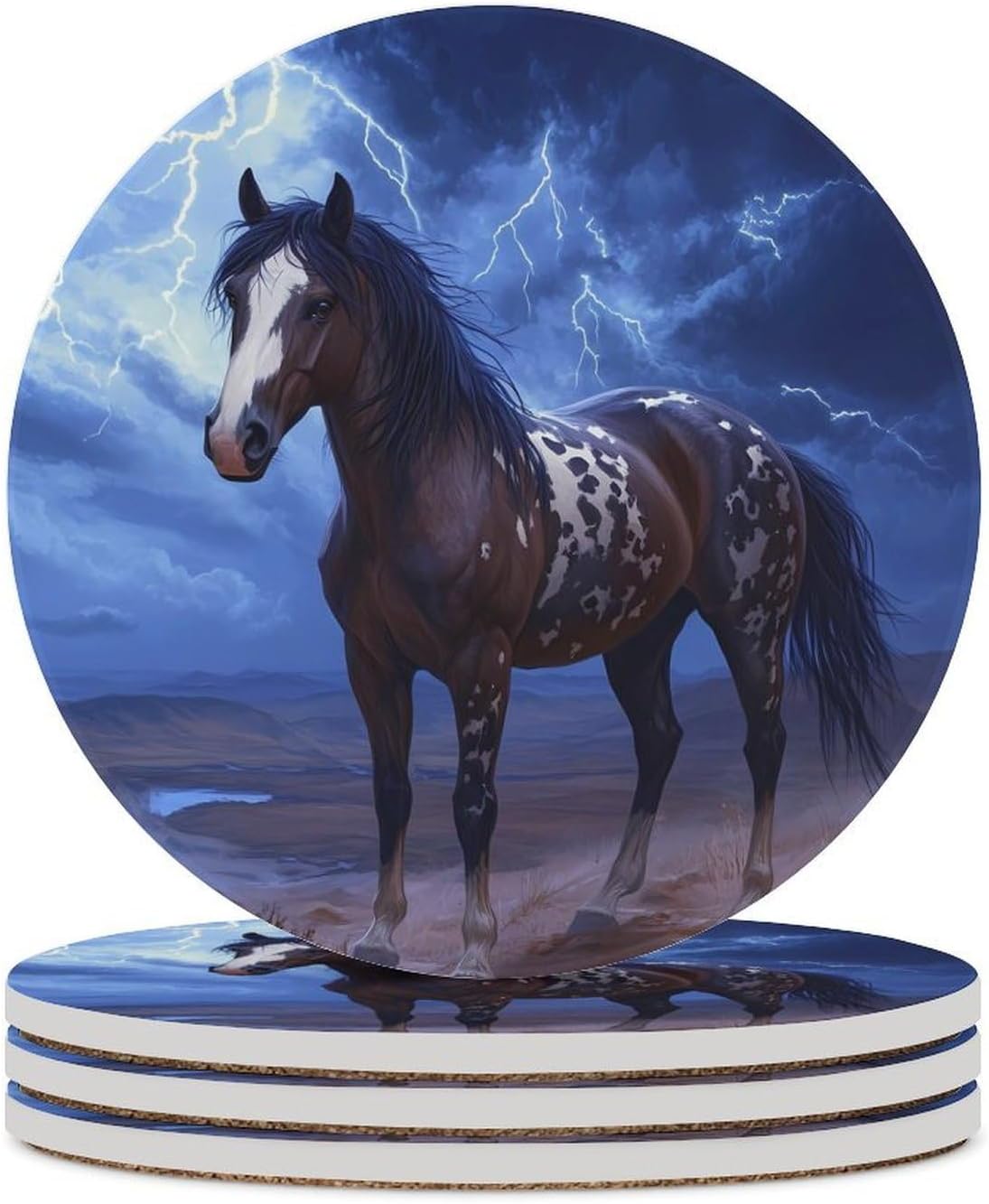 Horse Thunder Funny Round Ceramic Coasters for Drink Absorbent Cup Holders Tabletop Protection