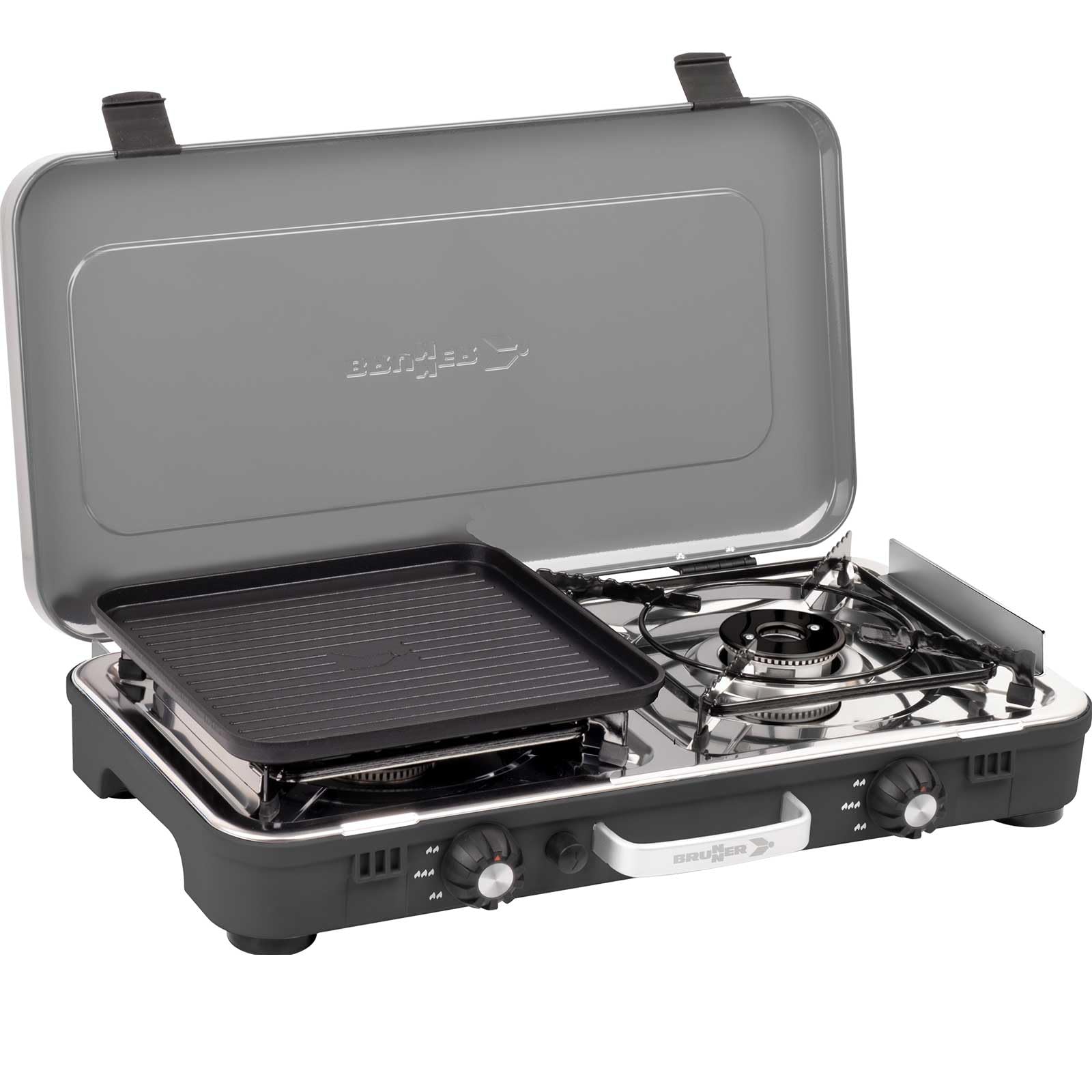 BRUNNER: 2-in-1 Tisch Camping-Kocher 2-flammig Edelstahl Gasgrill & Gaskocher - POWERKOOK 50mbar mit 1xGrillplatte - mit Gasregler + Gasschlauch