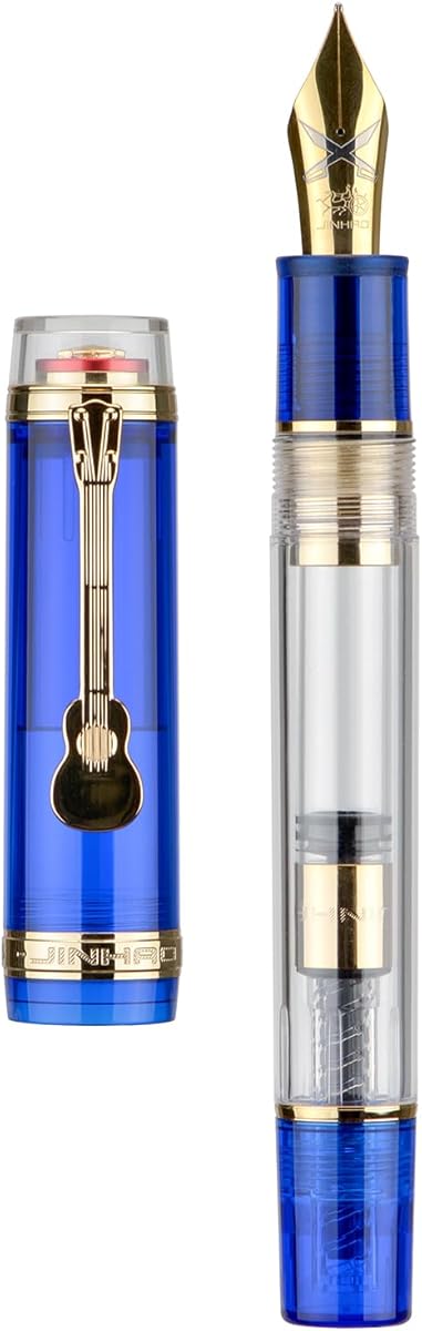 Jinhao 1935 Tiandao Series Fountain Pen, Size 8 Medium Nib Royal Blue & Transparent Acrylic with Guitar Clip and Large Capacity Converter