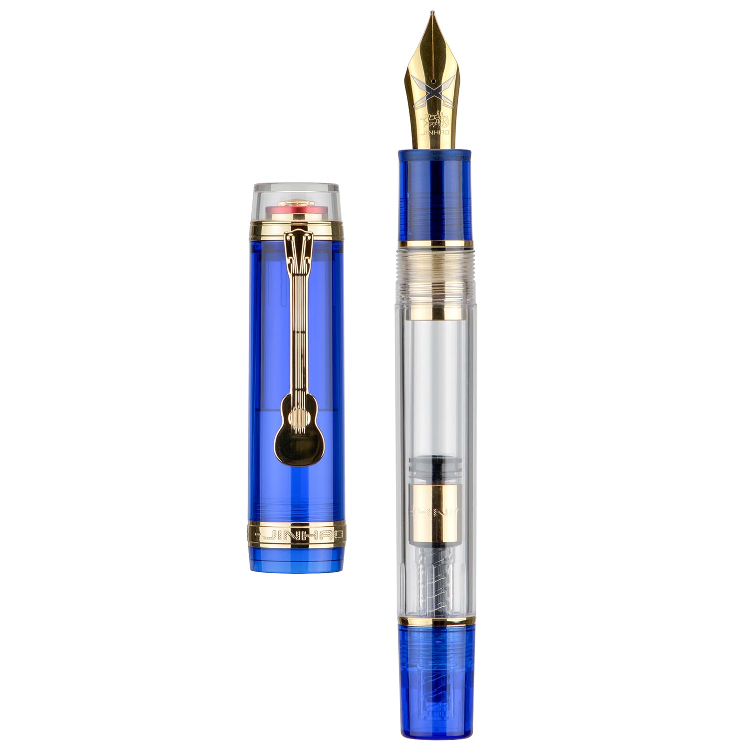 Jinhao 1935 Tiandao Fountain Pen, Size 8 Medium Nib, Golden Guitar Clip, Blue and Transparent Acrylic with Converter โ image 1