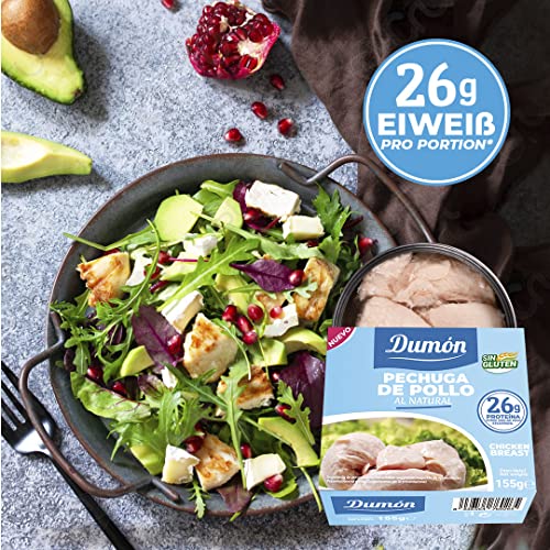 12 Einheiten von 155g. Dumon Hähnchenbrust in Dosen. Hühnchen im eigenen Saft oder Wasser. Konserven mit hohem Proteingehalt, 26 g pro 100 g natürliches Huhn. Leicht zu öffnen.